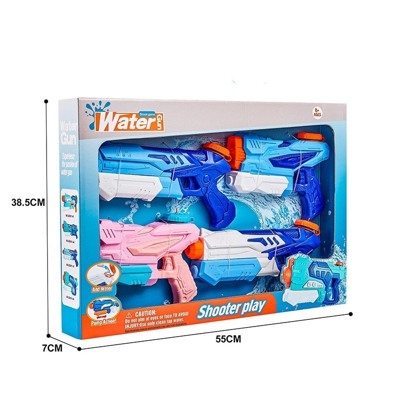 Set 4 Pistoale cu Apa pentru Copii Macvi®, 2 x 300 ml + 2 x 550 ml, plastic rezistent, usor de umplut, albastru/alb, varsta 6 ani+
