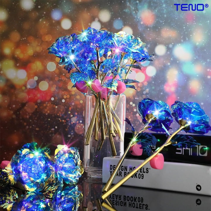 Trandafir Artizanal Teno®, efect de cristal, aspect auriu, luminite LED cu baterii, rezistent, nemuritor, design realist, 22 x 13 cm, albastru