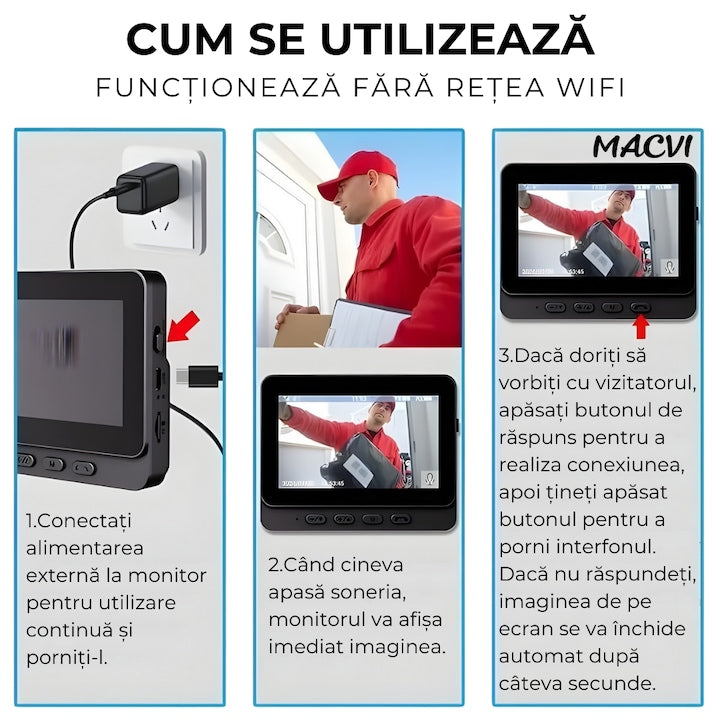 Sonerie video Macvi® wireless cu camera si monitor IPS 4, 3 inch interfon bidirectional fara WiFi, vedere nocturna IR, stocare pe card SD, instalare rapida