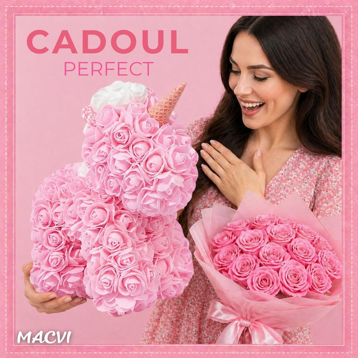 Unicorn decorativ din trandafiri roz Macvi® cadou elegant lucrat manual spuma premium 25 cm cutie inclusa