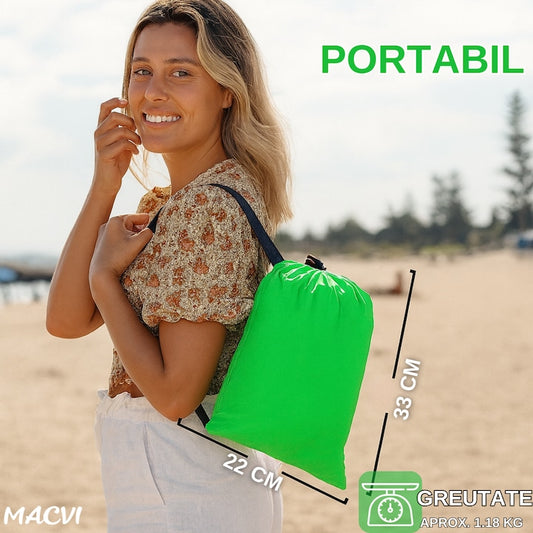 Saltea gonflabila tip sezlong Lazybag Macvi®, material rezistent, umflare fara pompa, pentru plaja/picnic/camping, rucsac de depozitare, 190 x 70 cm, verde