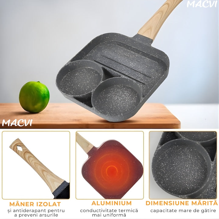 Tigaie Macvi® pentru mic dejun cu 3 gauri aluminiu antiaderent pentru oua burgeri clatite omleta maner ergonomic bachelita pentru aragaz si inductie