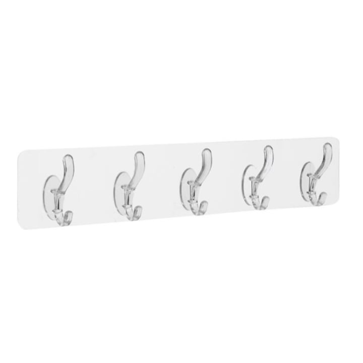 Suport autoadeziv baie sau bucatarie Macvi®, transparent, plastic rezistent, 5 carlige multifunctionale, 35 x 7 cm