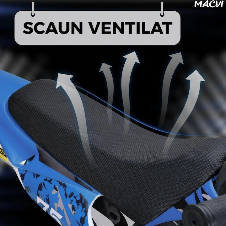 Motocicleta cross Macvi® pentru copii 49cc cu roti groase pornire usoara si motor pe benzina ideala pentru off road, Albastru
