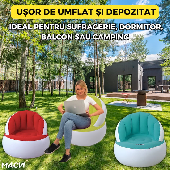 Scaun gonflabil confortabil cu pompa inclusa, design modern, dimensiuni 85x70 cm, ideal pentru interior si exterior, Turcoaz