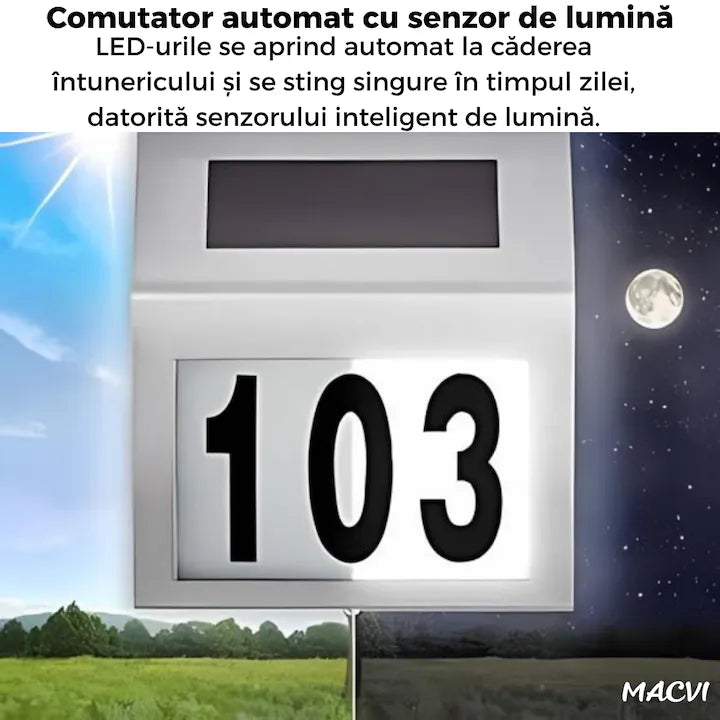 Placa Numar Casa Macvi® cu Iluminare Solara LED Montaj Exterior, Detectie Automata Noapte-Zi, Rezistenta la Intemperii, din Inox