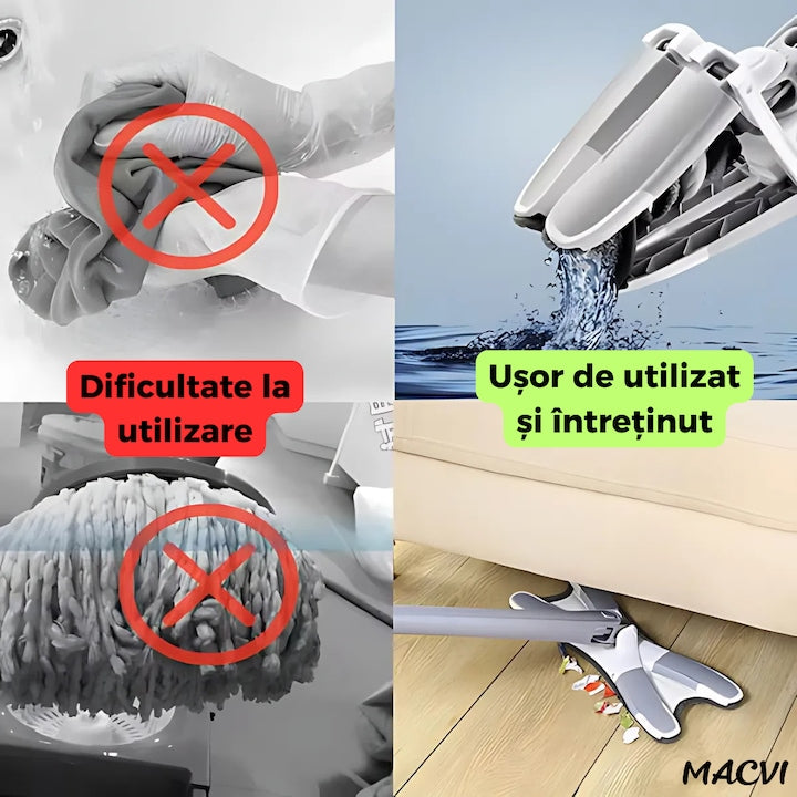 Mop Dreptunghiular Macvi® cu Stoarcere Integrata 2 Lavete Reutilizabile Microfibra, Cap Plat, Curatare Usoara Podele, Albastru