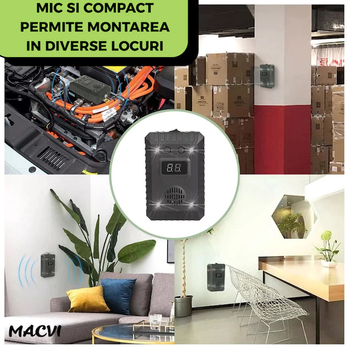 Dispozitiv Antirozatoare Ultrasonic Macvi® SJZ-021, 9-65kHz, cu LED si Display, Alimentare 5-24V, Functioneaza cu Baterii sau Auto