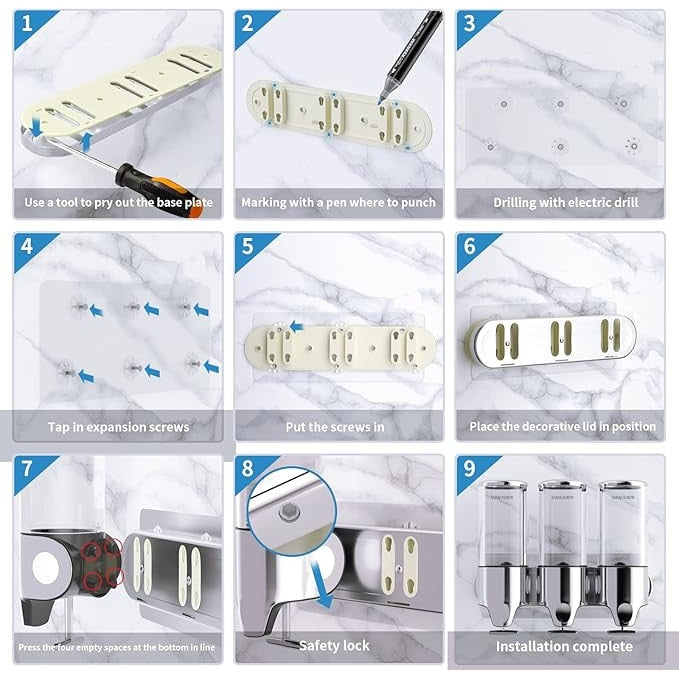 Dispenser 3 in 1 pentru Sapun, Sampon si Balsam Macvi® Montabil pe Perete, Transparent, pentru Baie si Bucatarie