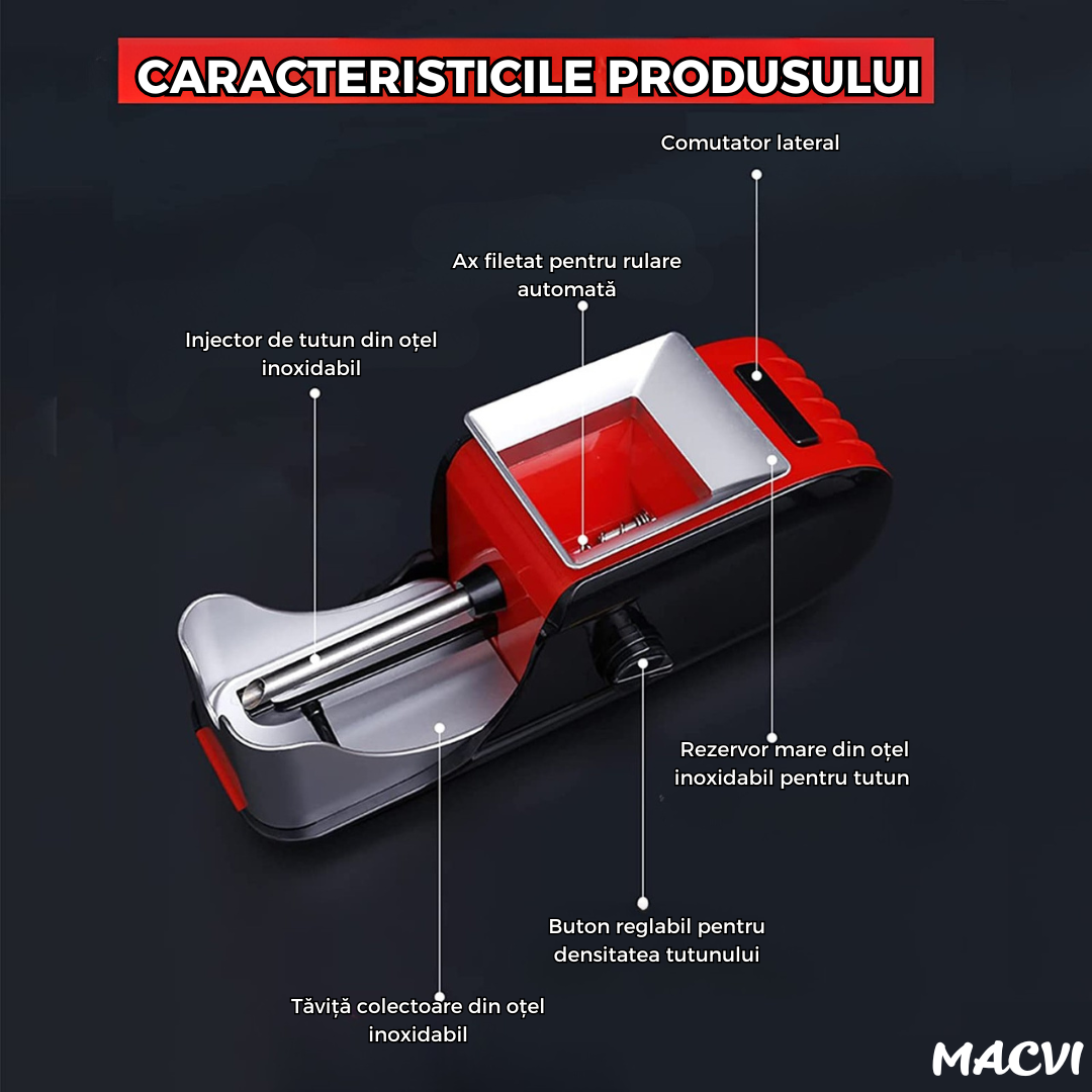 Aparat Electric de Facut Tigari Macvi®, 3 Niveluri de Maruntire, Injector de Tutun, Dimensiune Standard, Design Ergonomic, Rosu/Negru