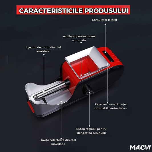 Aparat Electric de Facut Tigari Macvi®, 3 Niveluri de Maruntire, Injector de Tutun, Dimensiune Standard, Design Ergonomic, Rosu/Negru