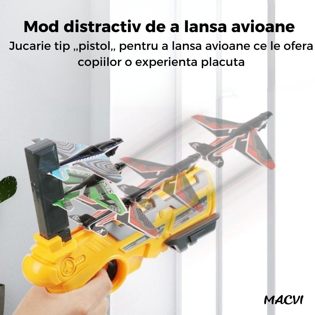 Pistol Lansator Macvi® cu 4 Avioane, Jucarie Interactiva pentru Copii, Design Usor si Sigur, Galben