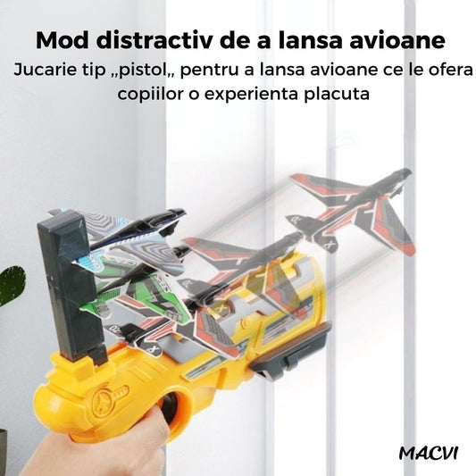 Pistol Lansator Macvi® cu 4 Avioane, Jucarie Interactiva pentru Copii, Design Usor si Sigur, Galben