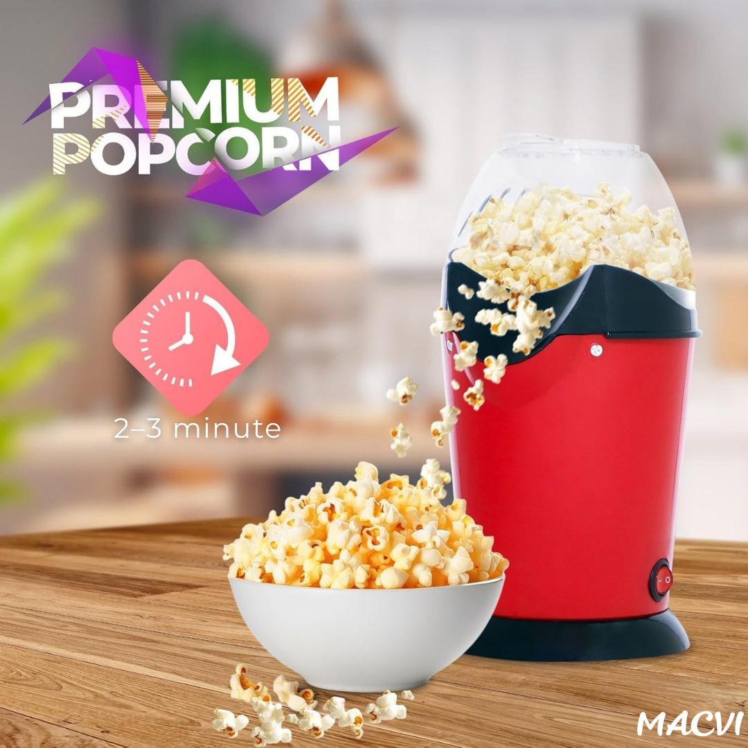 Aparat de facut popcorn Macvi®, 1200W, capacitate 2.5L, fara ulei, rosu