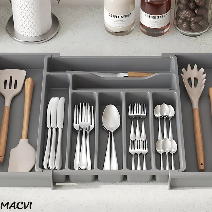 Organizator extensibil Macvi® 8 compartimente, pentru sertar, Sistem modular pentru tacamuri si ustensile de bucatarie, Gri