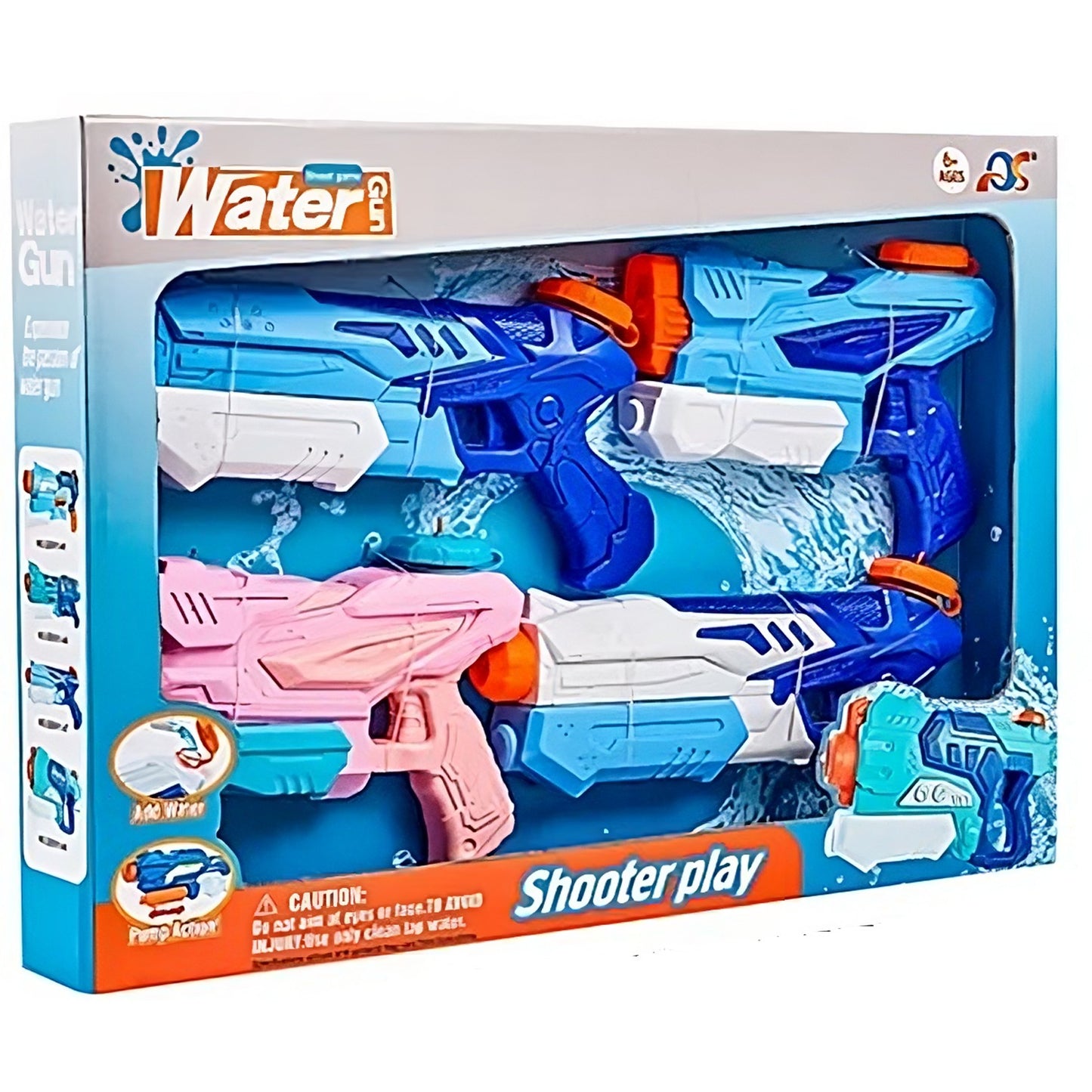 Set 4 Pistoale cu Apa pentru Copii Macvi®, 2 x 300 ml + 2 x 550 ml, plastic rezistent, usor de umplut, albastru/alb, varsta 6 ani+