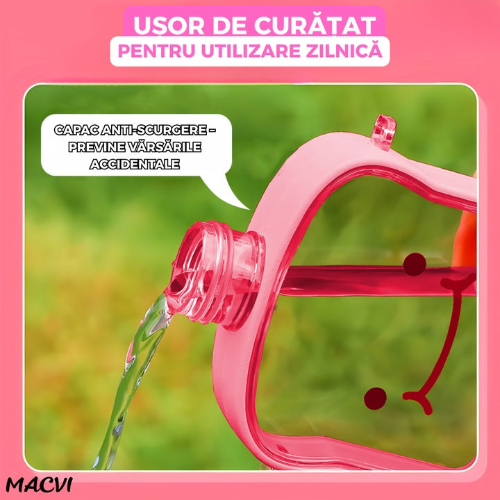 Sticla de Apa pentru Copii Macvi® Forma Toast, 380 ml, Fara BPA, Anti-Scurgere, Capac Etans, Curea Reglabila de Transport, Usor de Curatat, Roz