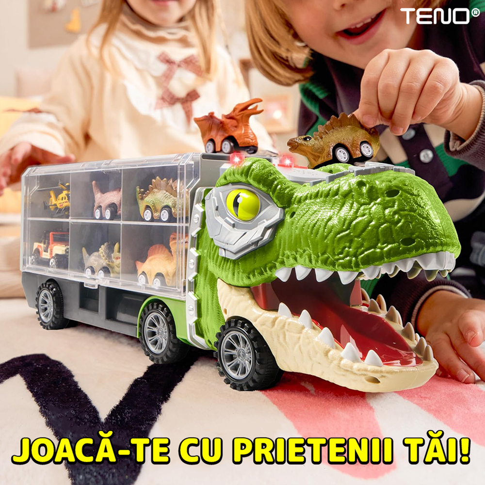 Set Camion Trailer de Jucarie pentru Transport Teno®, T-REX, 6 vehicule incluse, masina, barca, elicopter, accesorii mobile, lansator si rampa frontala, platforma tractare, verde deschis