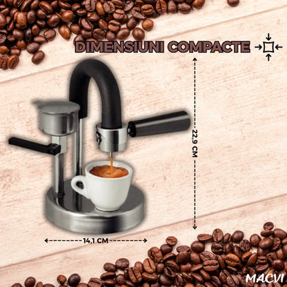 Espressor manual Kamira MACVI®, din inox 100%, presiune 4-5 bari, portabil, fara curent, filtru de inox pentru 2 cesti cafea, compatibil aragaz si resou