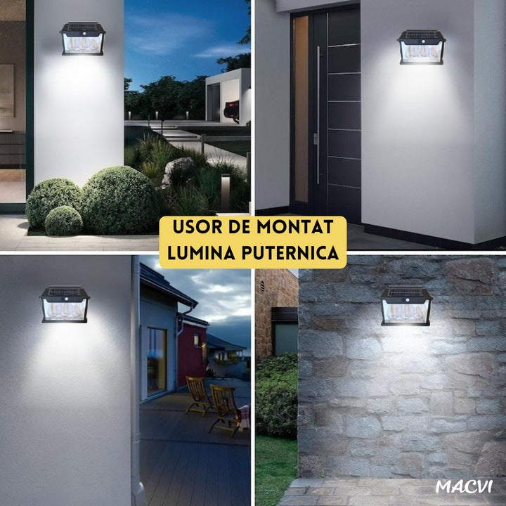 Lampa solara Macvi® de perete cu becuri LED triplu, senzor de miscare 8m, fara fir, 3 moduri de iluminare, IP65 rezistenta la apa, ideala pentru exterior