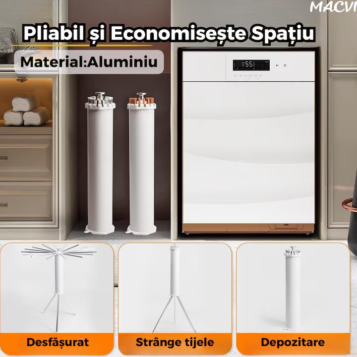 Uscator Rufe Macvi® Caracatita cu 1 Nivel Design Pliabil, Picioare Stabile, Ideal pentru Uscare Rapida in Spatii Mici, Aluminiu