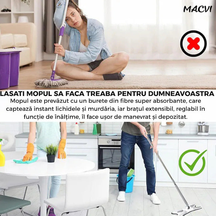 Mop Dreptunghiular Macvi® cu Stoarcere Integrata 2 Lavete Reutilizabile Microfibra, Cap Plat, Curatare Usoara Podele, Albastru