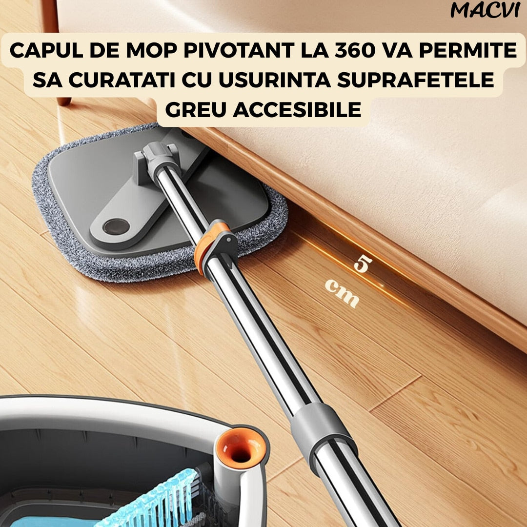 Mop Rotativ Macvi® cu Galeata, 2 lavete microfibra, functie de autocuratare, Rotatie 360°, Stoarcere Automata, Gri Inchis