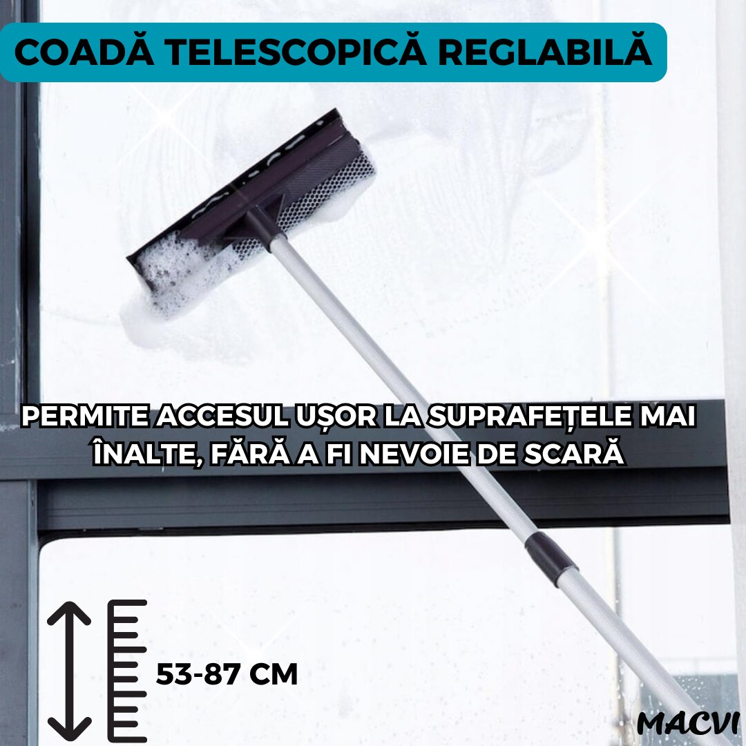 Perie pentru Spalat Geamuri cu Manere Extensibile Macvi® Telescopice din Aluminiu, 120 cm, 2 in 1, Stergator pentru Geamuri
