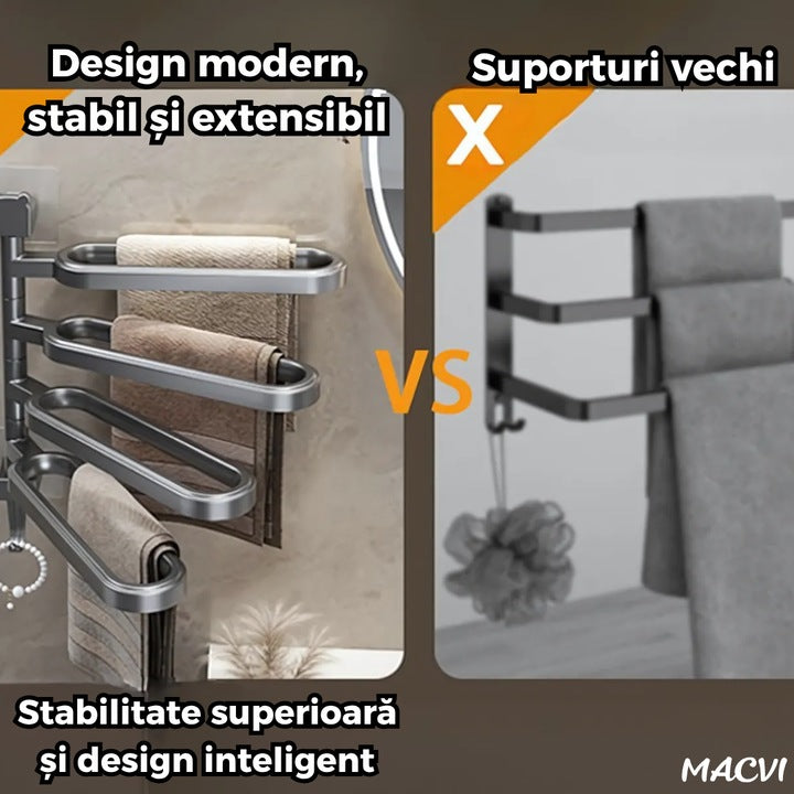 Suport prosoape Macvi® rotativ negru fara gaurire cu brate mobile si carlig integrat pentru baie sau bucatarie