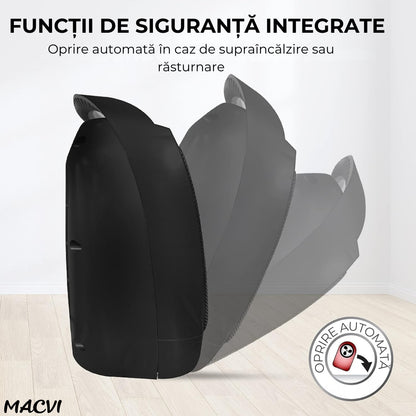 Aeroterma electrica Macvi® 1500W cu ceramica PTC, 2 niveluri de putere, termostat ajustabil, protectie supraincalzire, incalzitor portabil pentru camere pana la 15 mp