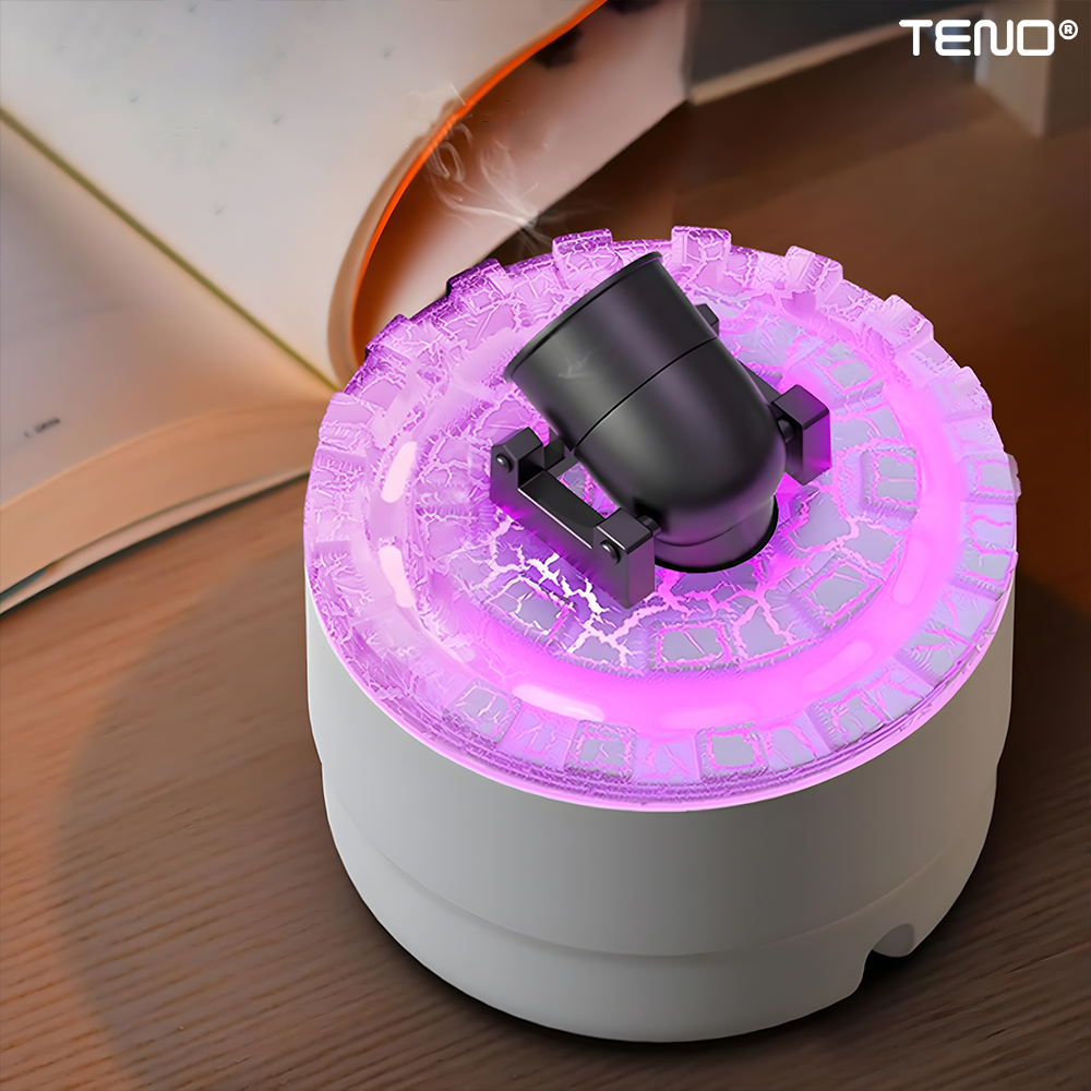 Difuzor Aromaterapie Teno®, forma de tun, 7 culori LED, lumini dinamice, control tactil, capacitate 300ml, silentios, rezerva inclusa, umidifica aerul, alb