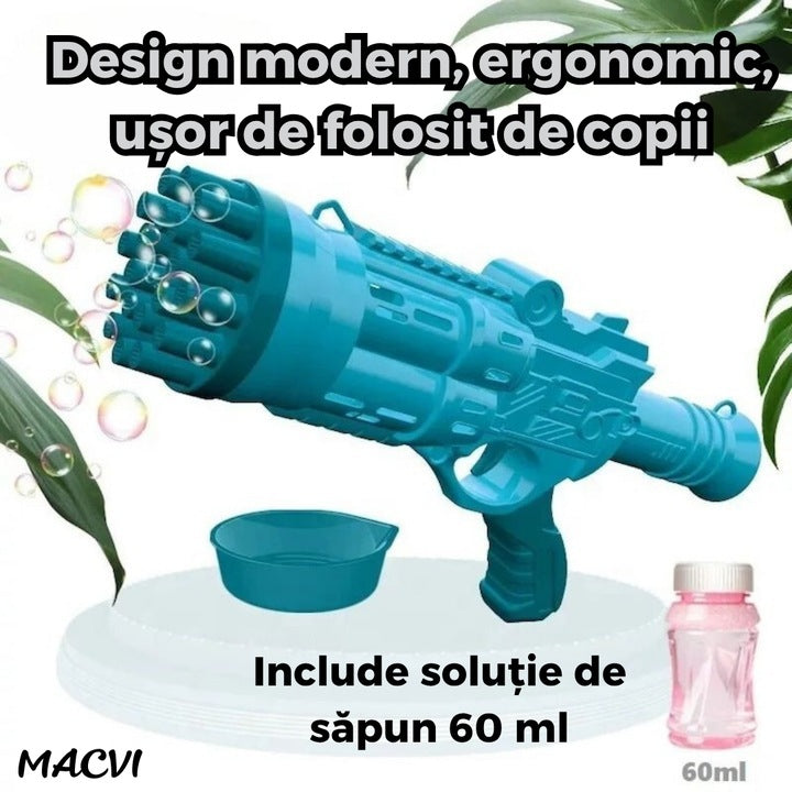Pistol Bule Macvi® 24 Gauri, Structura Rezistenta din ABS, Tambur Rotativ, Efect Turbo, Jucarie Interactiva pentru Copii si Distractie in Aer Liber, Albastru deschis