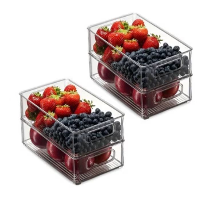 Set 4 organizatoare Macvi® pentru frigider, ABS durabil, fara BPA, stocabile, cu manere integrate, 26×15 cm, transparente