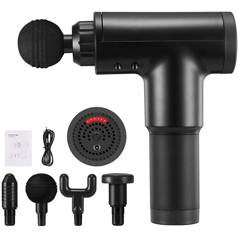 Aparat de Masaj Tip Pistol Macvi® , Cu 4 Capete Interschimbabile, 6 Trepte de Viteza, Autonomie 4 ore, 24W, 3400 RPM, Negru