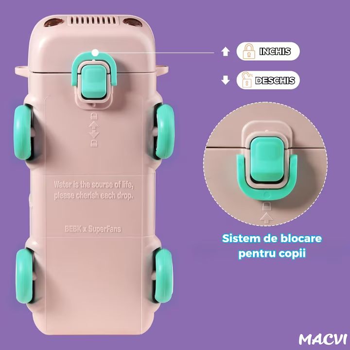 Sticla de Apa pentru Copii Macvi® cu Design Jucarie Autobuz, 500 ml, Fara BPA, Anti-Scurgere, Buton de Deschidere, Curea de Transport Inclusa, Roz