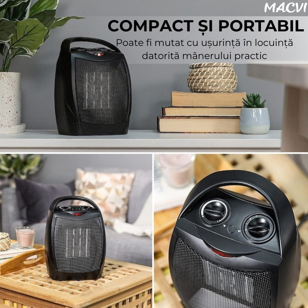 Aeroterma electrica Macvi® 1500W cu ceramica PTC, 2 niveluri de putere, termostat ajustabil, protectie supraincalzire, incalzitor portabil pentru camere pana la 15 mp