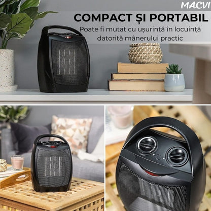 Aeroterma electrica Macvi® 1500W cu ceramica PTC, 2 niveluri de putere, termostat ajustabil, protectie supraincalzire, incalzitor portabil pentru camere pana la 15 mp