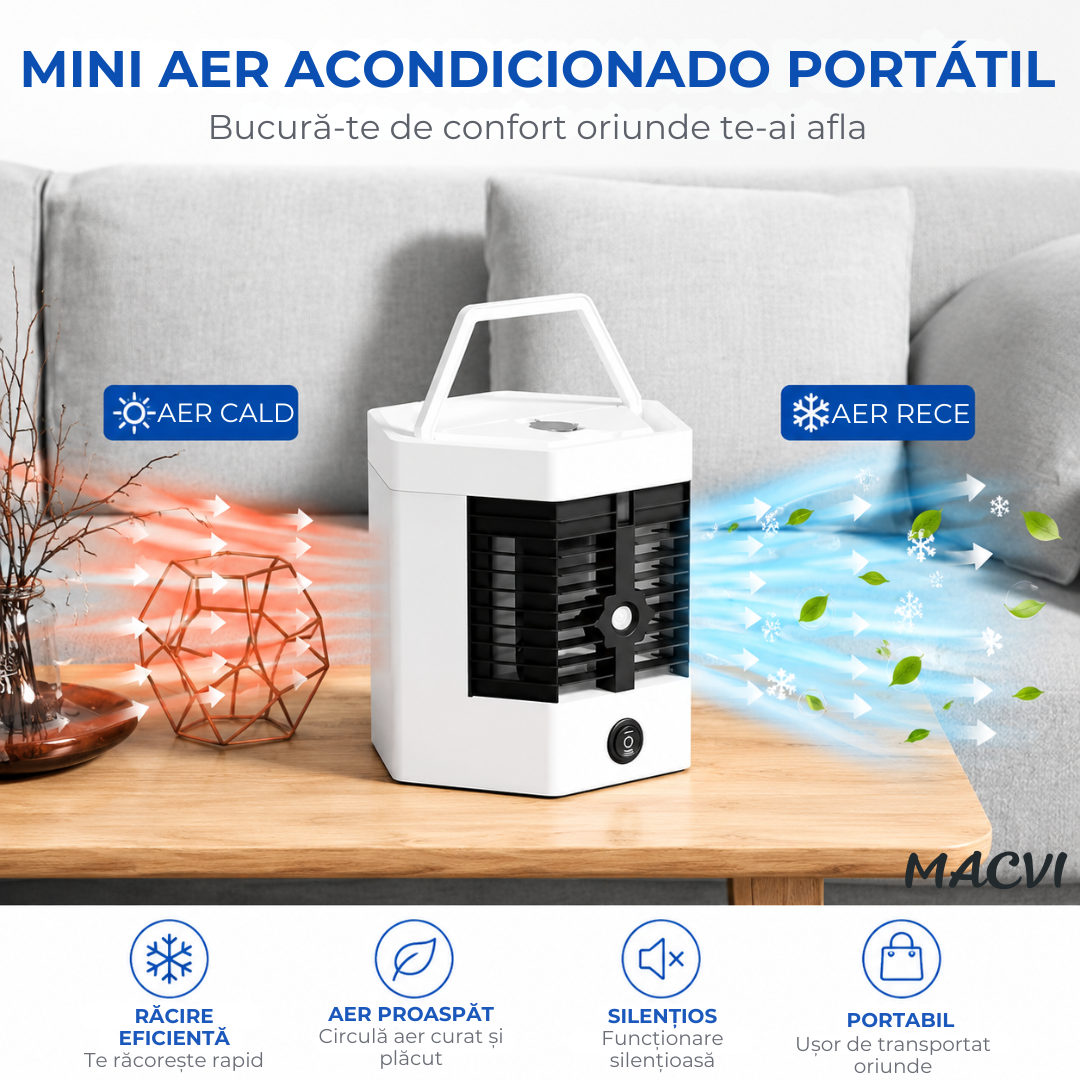 Mini aer condiționat portabil cu apă MACVI®, răcire, umidificare și purificare aer, 10W, USB, rezervor 400 ml, 2 trepte de viteză, autonomie până la 8 ore, alb