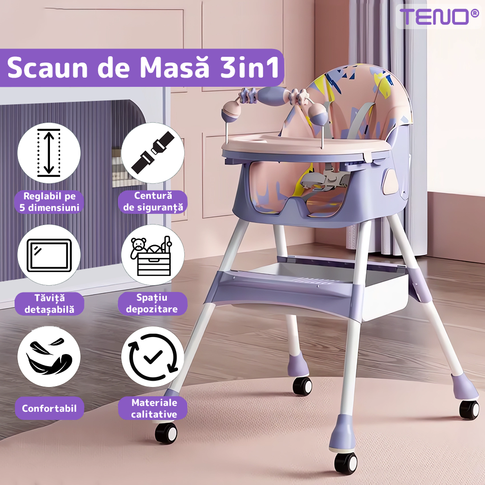 Scaun de Masa 3in1 pentru Bebelusi si Copii Teno®, centura de siguranta in 5 puncte, tavita reglabila si detasabila, loc depozitare jucarii, roz/mov