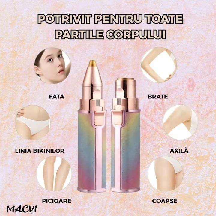 Epilator Facial Macvi® Reincarcabil 2in1 Trimmer Sprancene si Puf, Iluminare LED, Portabil, USB, Potrivit Pentru Toate Zonele Corpului