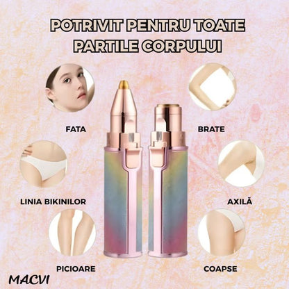 Epilator Facial Macvi® Reincarcabil 2in1 Trimmer Sprancene si Puf, Iluminare LED, Portabil, USB, Potrivit Pentru Toate Zonele Corpului