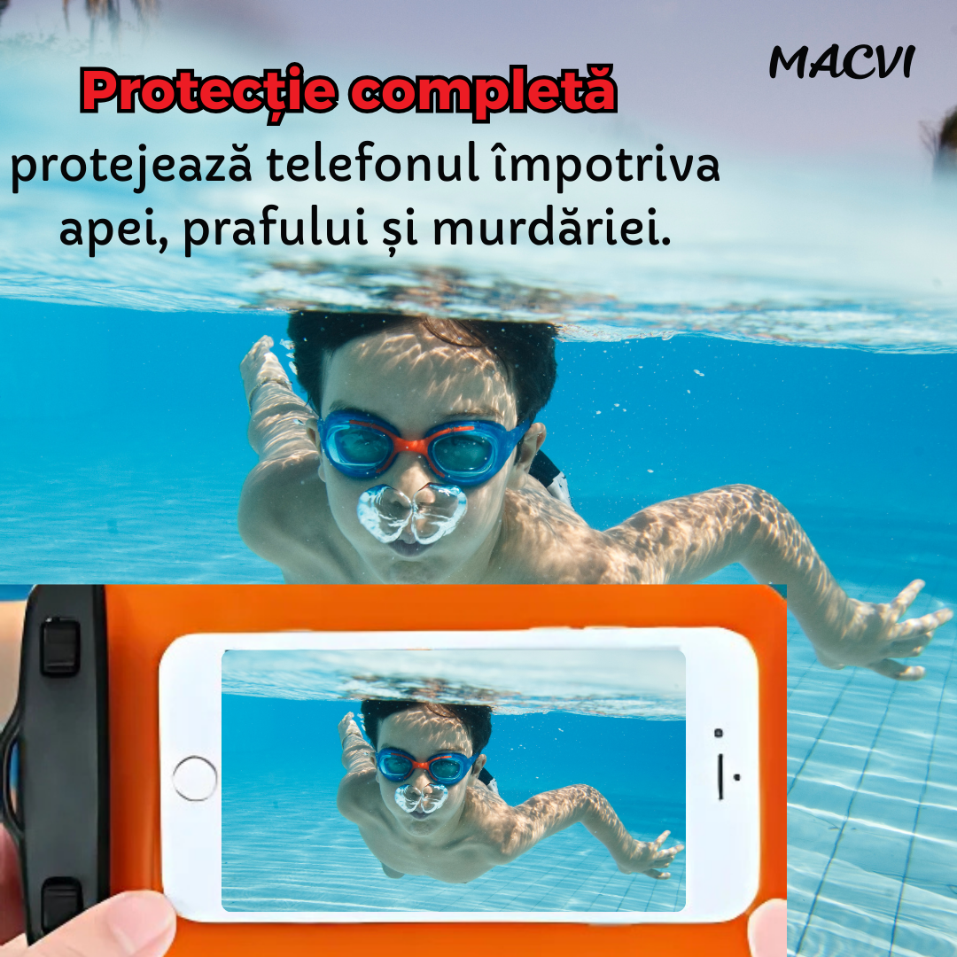 Husa Subacvatica Macvi® Portocalie Transparenta cu Snur pentru Smartphone-uri si Dispozitive de Pana la 6.7 Inch, Protectie Impermeabila si Design Ergonomic