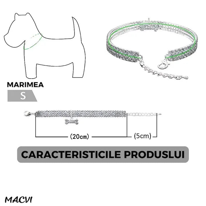 Zgarda pentru caini de talie mica Macvi® cu cristale stralucitoare, design elegant, ajustabila, argintiu