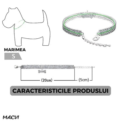 Zgarda pentru caini de talie mica Macvi® cu cristale stralucitoare, design elegant, ajustabila, argintiu