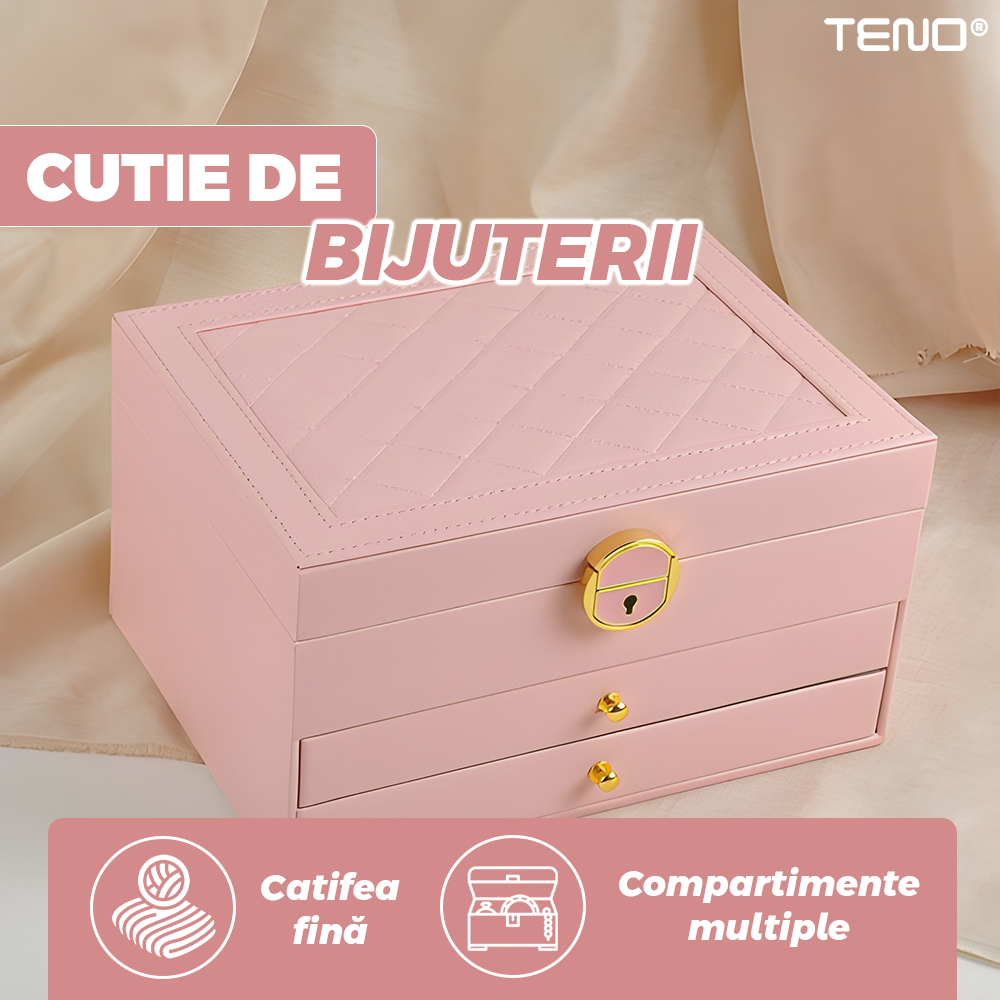 Cutie pentru Bijuterii, Teno, 3 compartimente, captuseala fina, roz, 23x17x13 cm