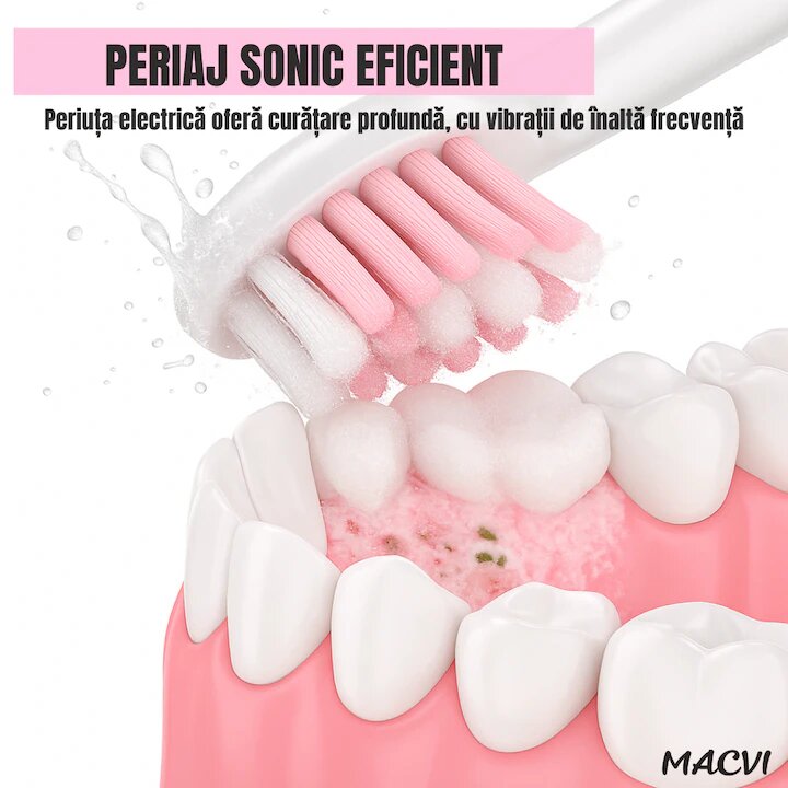 Periuta de dinti electrica Macvi®V-801, 5 trepte viteza, 3 programe de curatare, albire, ingrijire medicala, functie memorare, autonomie 36h, rezistenta la apa IPX7, Alb/Roz