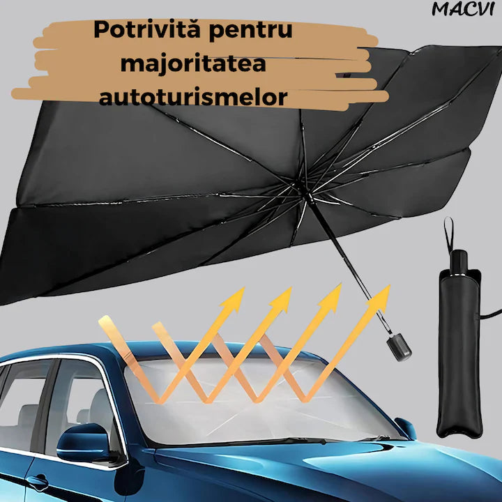 Protectie Parbriz Macvi® Tip Umbrela Pliabila, Reflectorizanta, Anti-UV, cu Husa Transport, 130 x 80, Instalare Rapida si Depozitare Compacta