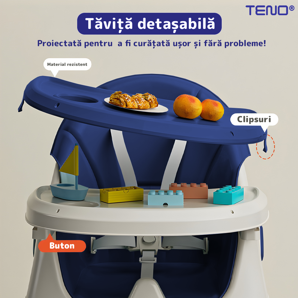 Scaun de Masa 3in1 pentru Bebelusi si Copii Teno®, centura de siguranta in 5 puncte, tavita reglabila si detasabila, loc depozitare jucarii, albastru inchis