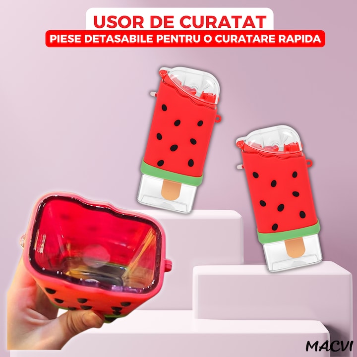 Sticla de Apa pentru Copii Macvi® Forma Inghetata Pepene, 300 ml, Fara BPA, Anti-Scurgere, Capac Etans, Pai Incorporat, Usor de Curatat, Rosu
