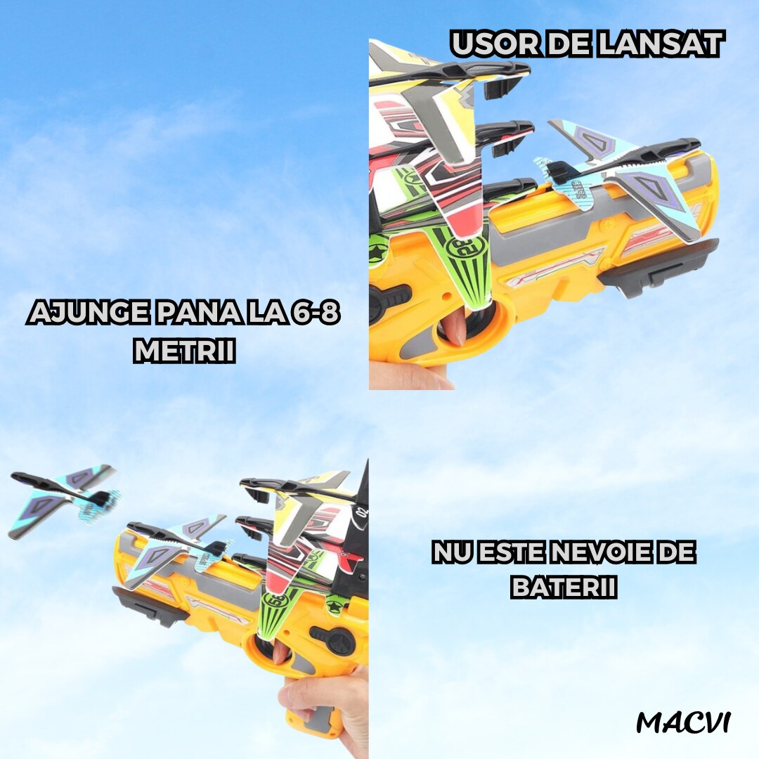 Pistol Lansator Macvi® cu 4 Avioane, Jucarie Interactiva pentru Copii, Design Usor si Sigur, Galben